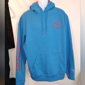 Champion Men's Powerblend Fleece Pullover Hoodie SZ XL Sleeve Text Orange Logo